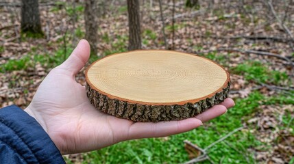 Fototapeta premium Hand Holds Wood Slice in Forest, Showing Natural Beauty and Growth Rings. Nature's Artistry.