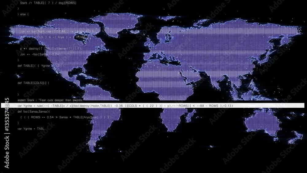 Poster animation of world map with data processing code in purple and black theme
