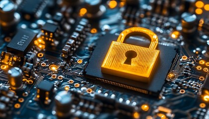 A glowing padlock symbol on a computer circuit board indicates security