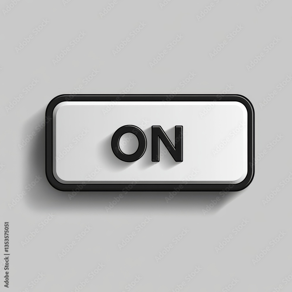 Poster On Switch: Black 'ON' Button with White Background, Glossy Edges, and Subtle Shadow - Power Up Illustration
