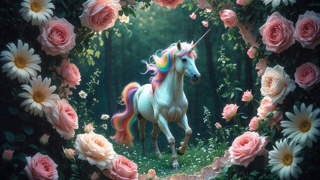 Ethereal unicorn amidst a floral gateway, painted in pastel hues with a touch of whimsy