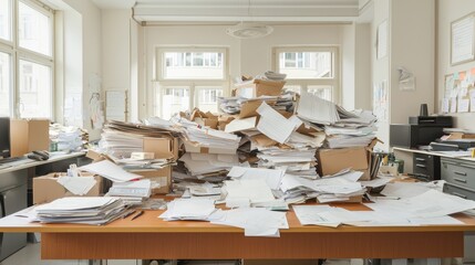 Chaotic office environment with papers, office supplies, and personal items creating a disorganized workspace