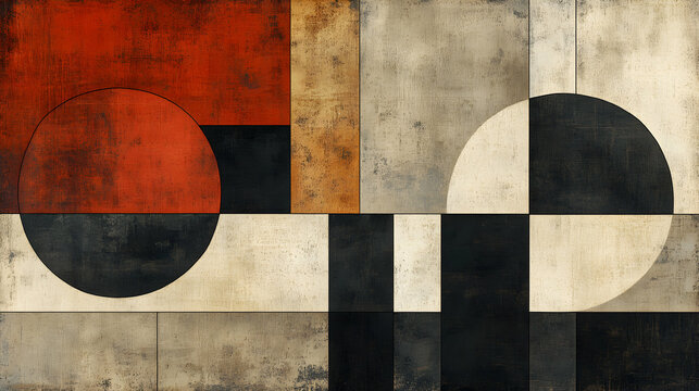 Abstract composition with a combination of circles, squares, and rectangle forms in orange, black and neutral colors.
