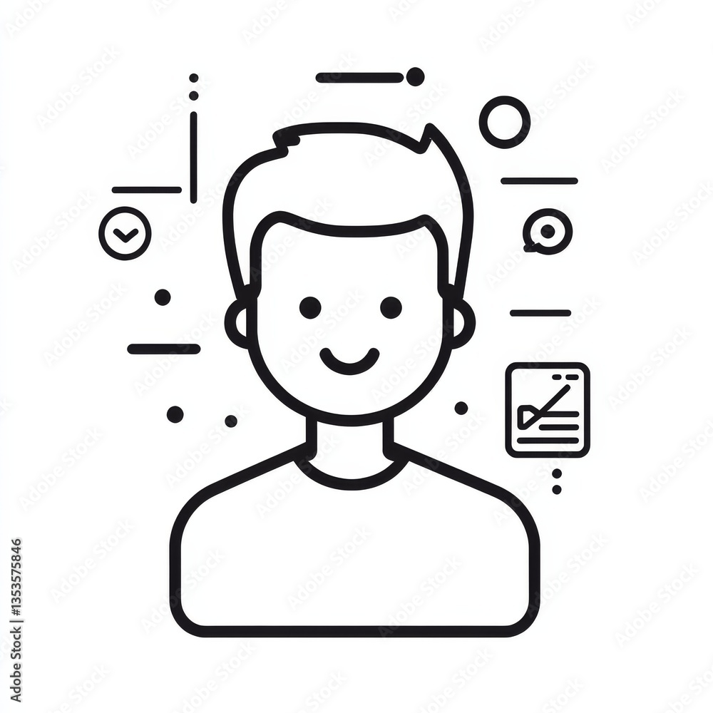 Aufkleber User Profile Icon: Smiling Person with Data and Settings Elements, Vector Style and Clean Outline