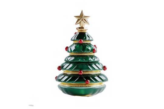 A green christmas tree with golden trim and red ornaments topped with a golden star on black ground