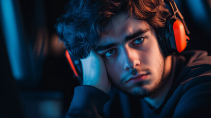 Gamer emotional reaction bored frustrated man with headset