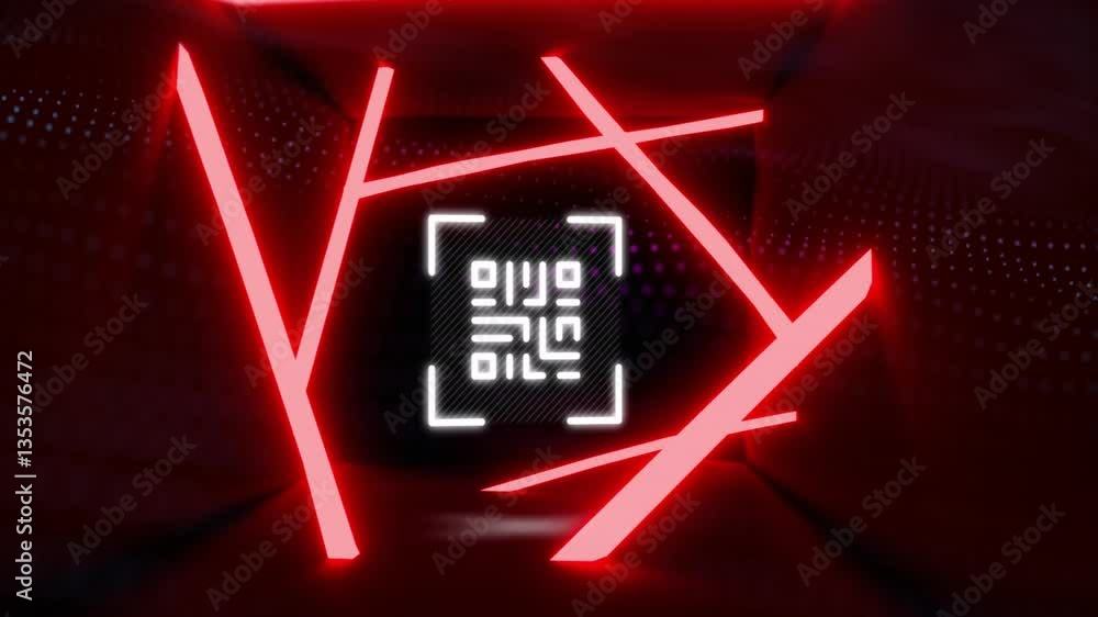 Poster intersecting red neon lines over digital code creating animation in abstract space