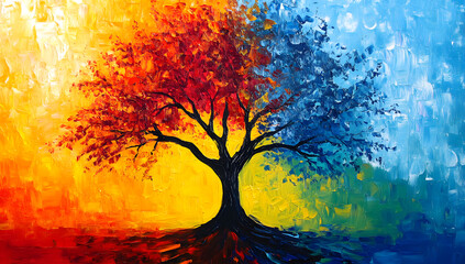 Vibrant tree painting, half warm, half cool tones. oil brushstroke, palette knife paint on canvas (generative ai).