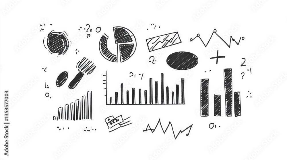 Poster hand-drawn sketches of various graphs and charts illustrating data trends and statistics in a creati