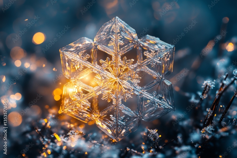 Poster close-up of a crystalline snowflake with bokeh lights.