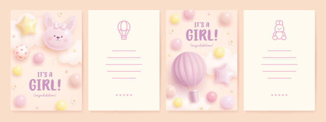 Baby shower invitation design template with 3d cartoon bunny, hot air balloon and cloud. It's a girl. Baby girl greeting birthday card. Baby birth. Vector illustration