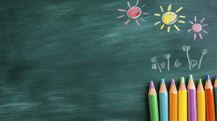 Chalkboard background with colorful chalk drawings of suns and flowers, creating playful and creative atmosphere