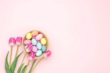 Obraz premium Pink tulips with basket of colored eggs in corner with place for tex