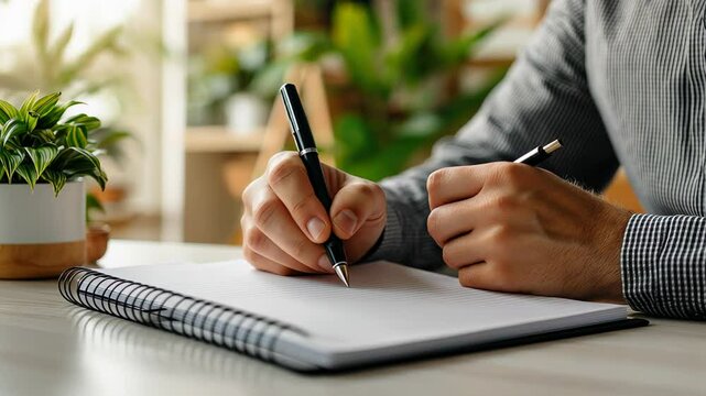A focused man writes notes in a spiral-bound notebook at a well-lit desk surrounded by greenery. This image reflects journaling, productivity, planning, or study in a peaceful work-from-home setting