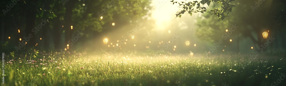 Leinwandbilder Sunlight filters through trees, illuminating a meadow filled with sparkling lights.