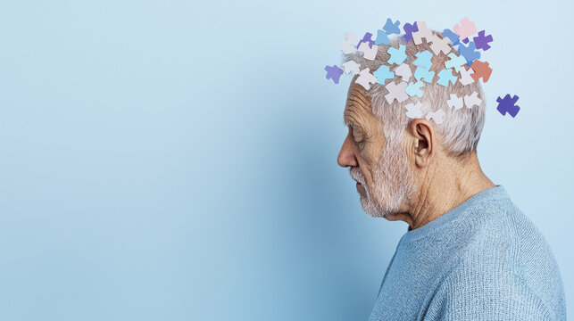 elderly man with gray hair has puzzle pieces above his head, symbolizing cognitive challenges and memory issues