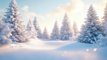 Naklejka premium Snow Falls Gently on Pine Trees in Winter Wonderland. Christmas theme.