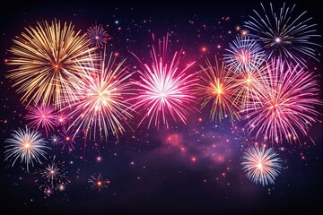 Fototapeta premium Colorful fireworks explosion in night sky with glowing stars.