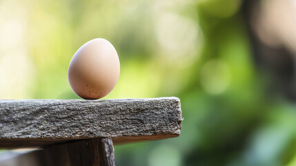 delicate egg balanced on rustic wooden surface, symbolizing fragility and potential, set against soft, blurred green background
