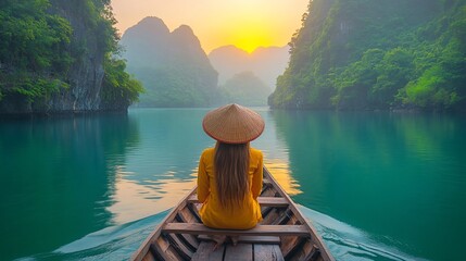 Serene sunrise journey on a traditional boat through a tranquil mountain lake.  A peaceful traveler sits in a wooden boat, enjoying the breathtaking sunrise view