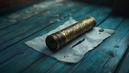 Ornate Cylinder with Quill, and Parchment.