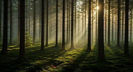 A misty forest with sun rays breaking through the trees.