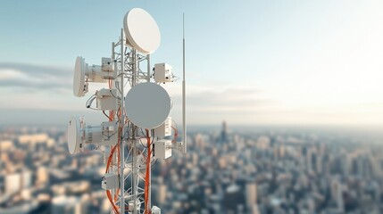 High-tech cell tower with a clear view of a vibrant cityscape stretching out in the background
