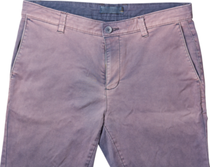 upper portion of men’s faded blue cotton chino trousers or shorts isolated white background, casual and comfortable garment