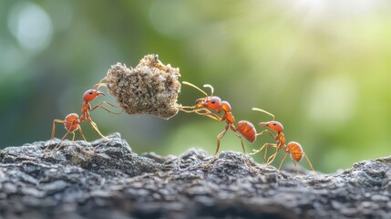 A large group of ants working together to carry a seed back to their in a natural outdoor setting