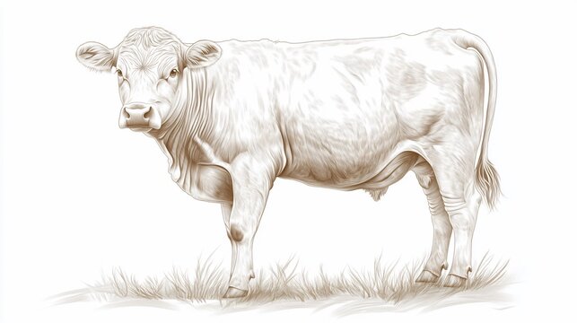 Detailed monochrome drawing showcasing a robust cow grazing on pasture