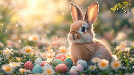 Adorable Easter Bunny amidst colorful eggs in a flower field, golden hour