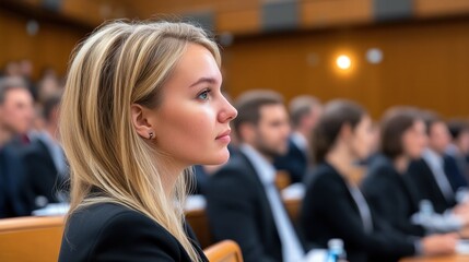 Female attorney presenting a case in a courtroom environment with focused expression and professional attire