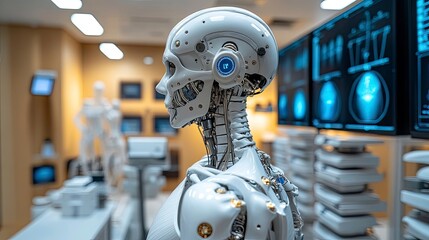 Fototapeta premium Robot performing spinal alignment analysis with 3D scanning technology in physical therapy clinic