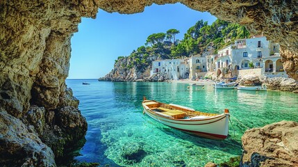 Obraz premium Idyllic coastal village seen from a cave, boat in crystal-clear water.