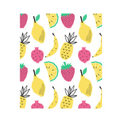 Summer Tropical Doodle fruits seamless pattern vector
