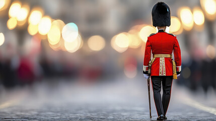 Royal guard in red uniform standing proudly on cobblestone street, exuding sense of tradition and history amidst blurred background