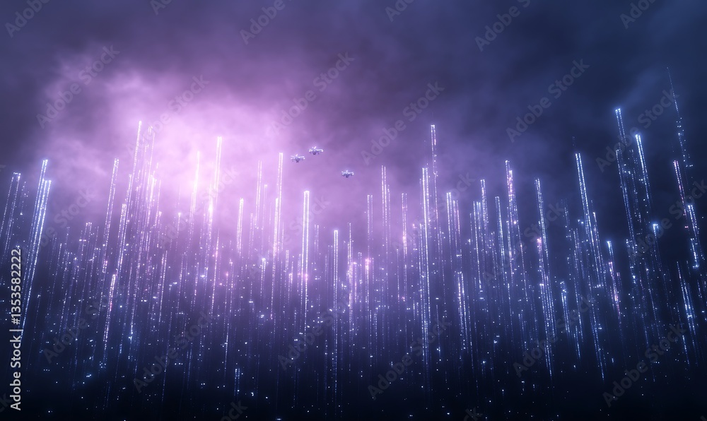 Poster surreal scene depicting vertical beams of light against a purple sky with clouds.