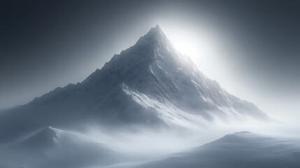 Majestic snow-capped mountain peak piercing dawn mist