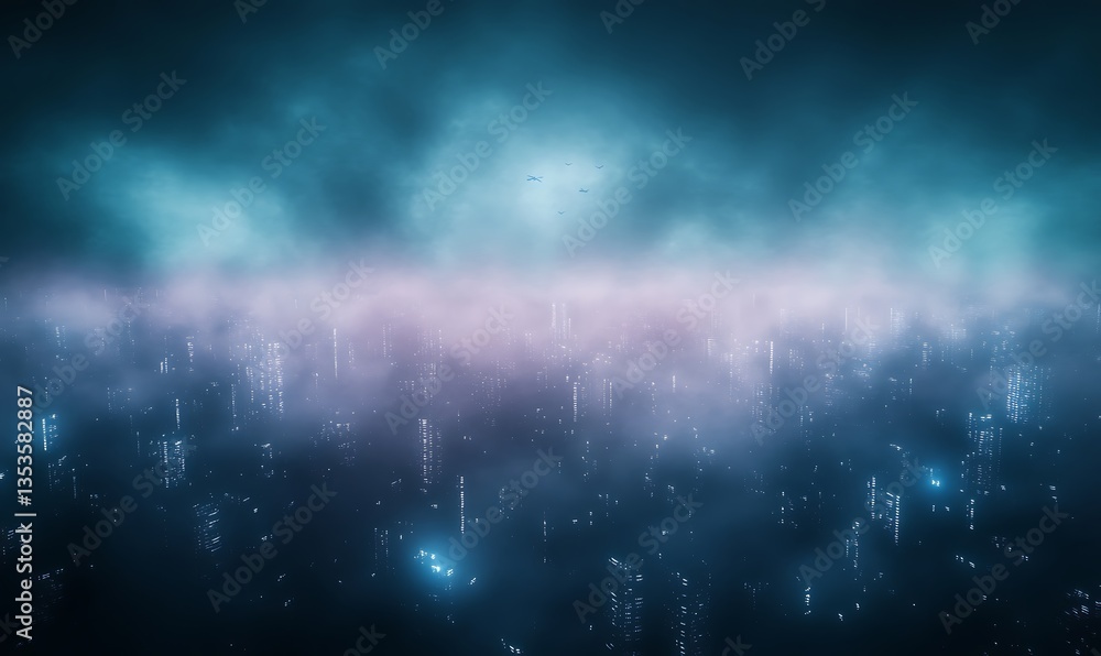 Poster abstract digital artwork depicting a cityscape shrouded in mist and illuminated by ethereal light.