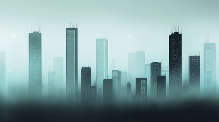 Fototapeta premium towering dystopian futuristic cityscape shrouded in mist, showcasing sleek skyscrapers and mysterious atmosphere