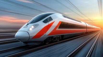 Fototapeta premium High-Speed Train at Sunset: A Journey of Modern Transportation
