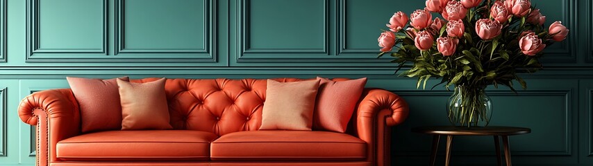An elegantly furnished living room displaying a bright orange sofa