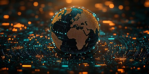 A digital earth sphere floating amid glowing data streams