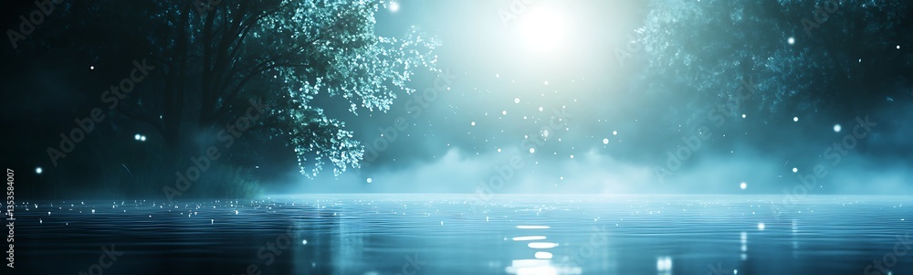 Fototapete Misty lake scene illuminated by a bright light, surrounded by trees and floating particles.