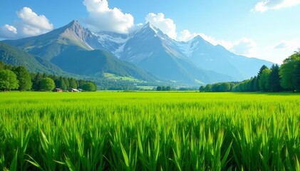 Fototapeta premium Lush cornfield against majestic mountain backdrop in countryside, fall, scenic, harvest