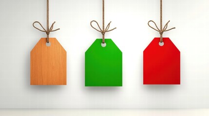 Rustic three wooden tags hanging on a twine rope against a soft textured background with a cozy vibe and charm