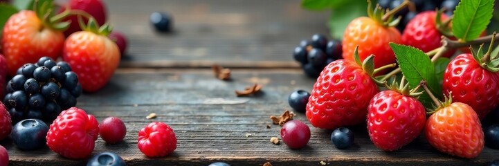 Mix of colorful ripe berries on a vintage wooden backdrop, food, backdrop, vintage