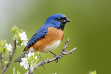 Fototapeta premium vibrant blue and orange bird perched on branch with delicate white flowers, showcasing nature beauty and tranquility