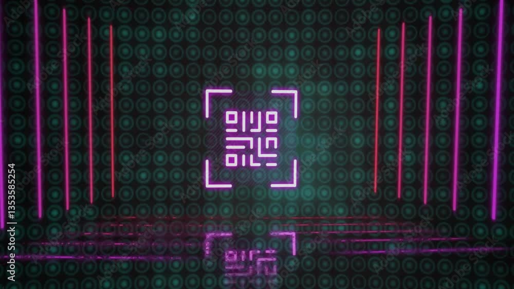 Poster designing glowing qr code with neon accents over digital pattern in animation