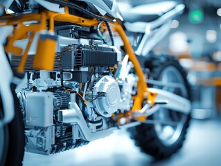 Disassembly of electric motorcycle engine workshop macro view high fidelity technical insight
